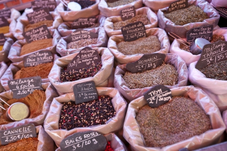 Variety of spices on display in storeの写真素材