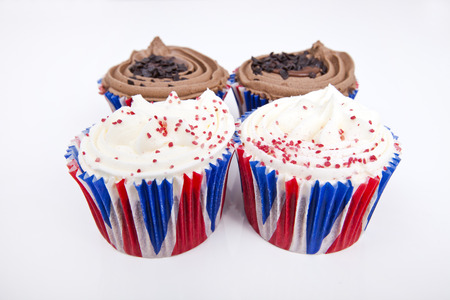 Various Union Jack cupcakes against white backgroundの写真素材