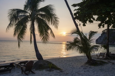 Palm trees and deck chairs on beach at sunset; Koh Pha Ngan; Thailandの写真素材