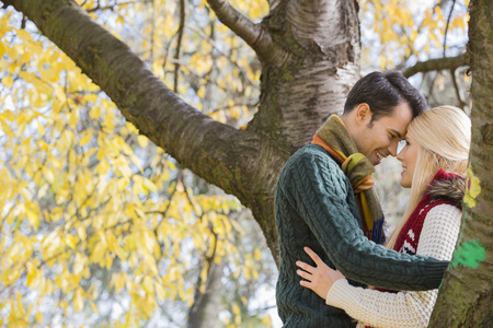 Side view of young couple hugging near autumn tree in parkの写真素材