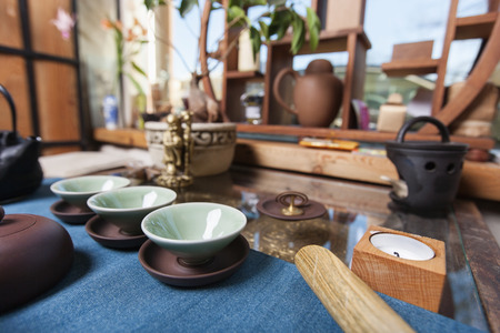 Teacups in tea storeの写真素材