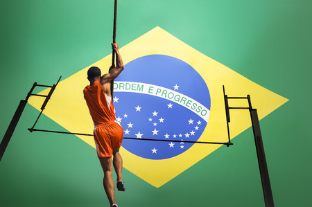 Pole vaulted taking off, low angle viewの写真素材