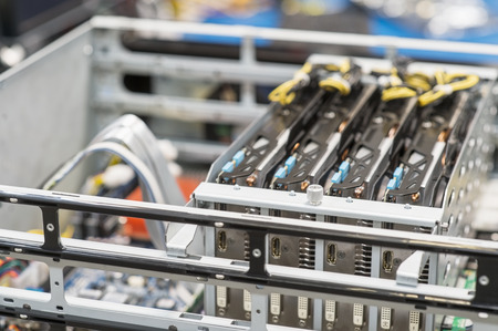 Close-up of video cards in computer manufacturing industry