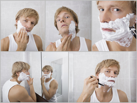 Collage of young man shaving in bathroomの写真素材