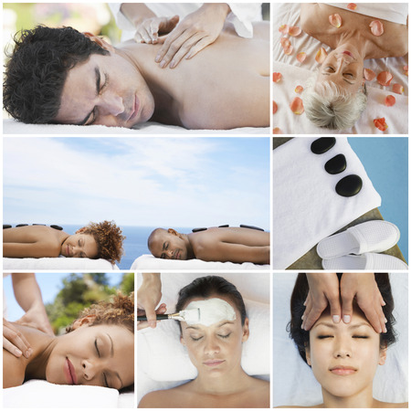 Collage of people receiving spa treatmentの写真素材