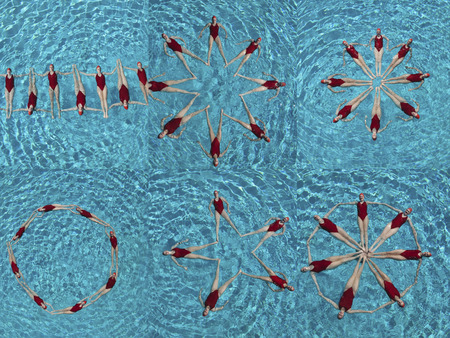 Collage of female synchronized swimmers forming various shape in swimming poolの写真素材