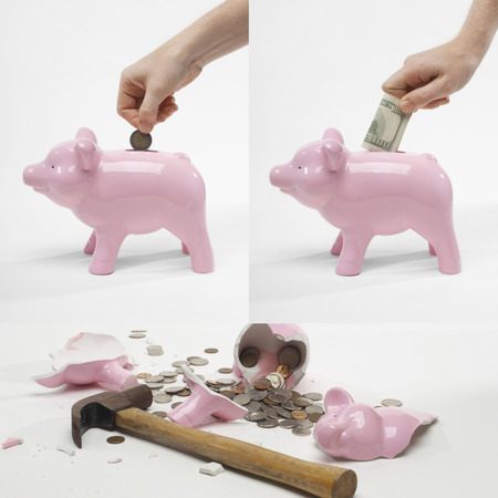 Collage of man saving money into piggybank for retirementの写真素材