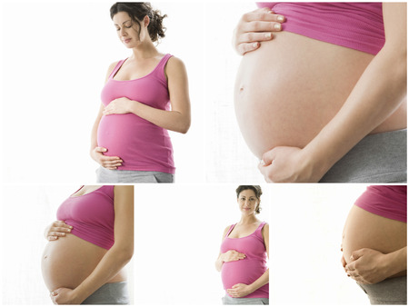 Collage of pregnant woman over white backgroundの写真素材