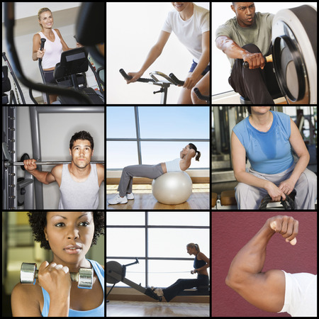 Collage of people exercising in gymの写真素材