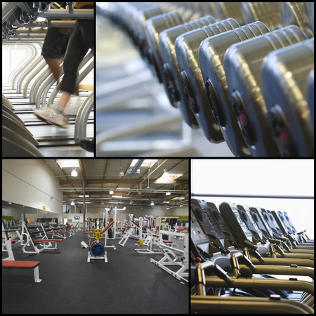 Collage of exercise equipment at gymの写真素材