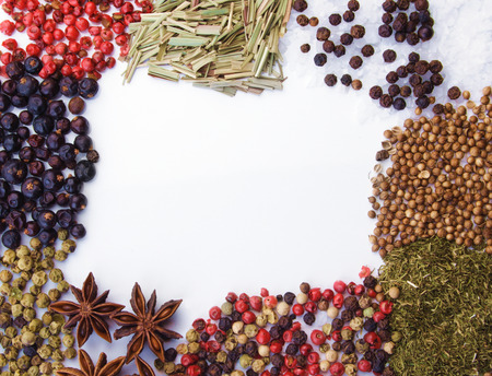 Frame of diferent spices on white background