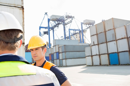 Male workers standing in shipping yardの写真素材