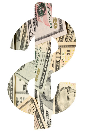 Digital composite image of banknotes in dollar sign over white backgroundの写真素材