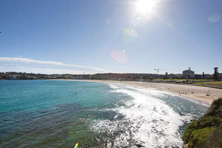 Scenic view of Bondi beach against sky, Sydney, Australiaの写真素材