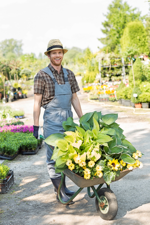 Full-length portrait of happy gardener pushing wheelbarrow with plants at gardenの写真素材