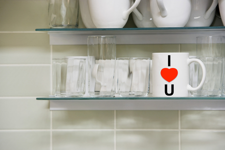 Mug on shelf with the words i love youの写真素材