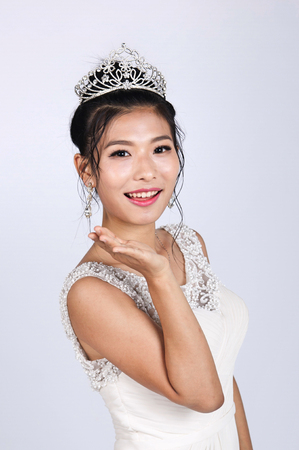a portrait of beautiful asian woman wearing wedding dressの写真素材