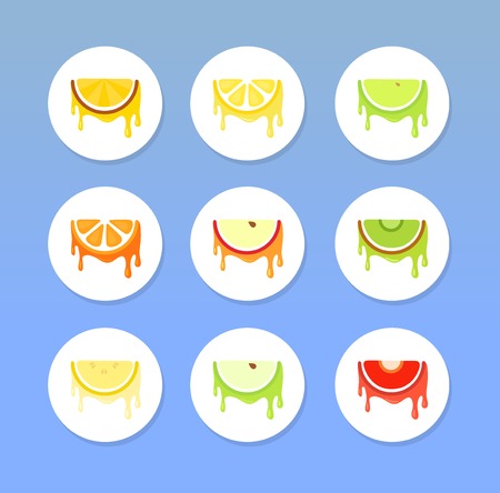 Set of Fruit Icons, Vector Illustrations Round Form isolated on blue backgroundのイラスト素材