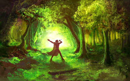 Man in Celtic Forest with tin whistle. Illustration of Ancient medieval age in Irelandの写真素材