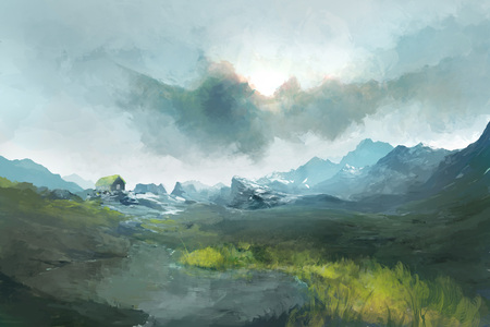 Scenic Landscape of Traditional Icelandic Turf Houses in West Iceland. Illustration of Village near Mountains under cloudy sky.の写真素材