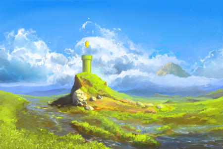 Rural Scenic Landscape with Super Mario Tube in Clear Summer Day.の写真素材