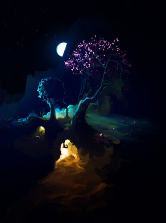 Moon in night above Night Scenic Landscape with illuminated burrow and mountains. Dark Fantasy Illustrationの写真素材