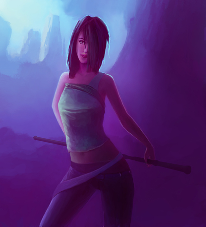 Fashionable Woman Posing on a blue background. Sexy Girl in Emo Style.の写真素材