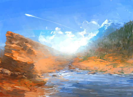 Travel Landscape Illustration with river coast and Mountains under blue sky. Beautiful Nature Scenery.の写真素材
