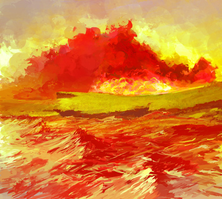 Landscape Illustration of Pain with Evening Sea Waves and Dramatic Blood Cloudsの写真素材