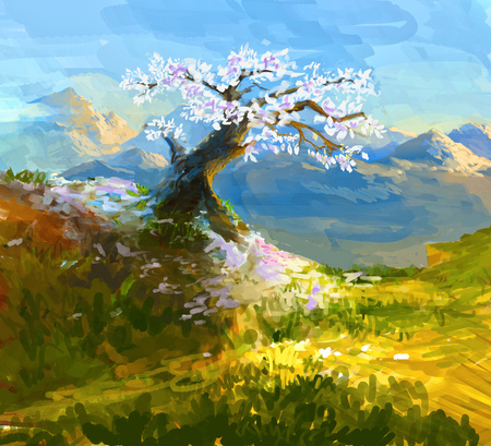 Japanese Chery Sakura fall off in Autumn Scenic Landscape Illustration under Blue sky at the Day.の写真素材