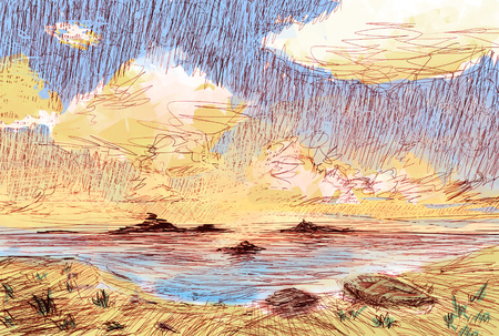 Nautical Landscape of Sea with Islands. Scenic Illustration of Travel in creative style.の写真素材