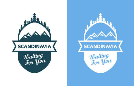 Tour to Scandinavia. Set of Badges, Emblems with north landscapes and captions. Vector Illustrations in blue colors isolated on blue and white background.のイラスト素材