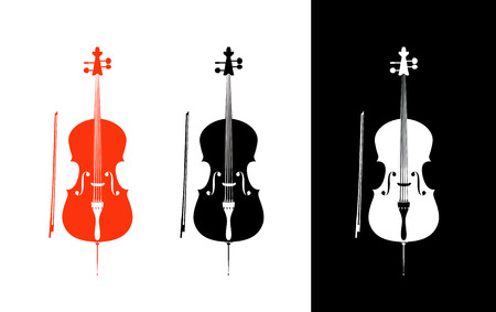Cello in black, red and white colors - orchestra strings music instrument in vertical pose, Vector Illustration isolated on white and black backgroundのイラスト素材