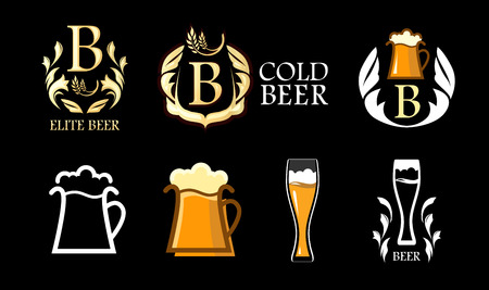 Set of Blazons with Beer for Bar or Pub in golden color, Signs in Flat minimalism style on Black background.のイラスト素材
