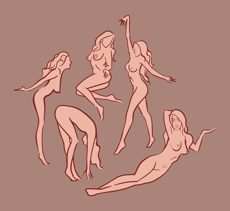 Silhouettes of denuded girls. Vector Line art with Elegant poses of pretty ladies.の写真素材