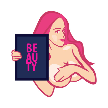Nude Woman covering bib Boobs holding banner with text. Vector Illustrationのイラスト素材