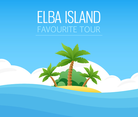 Italian Elba Island - Your Favorite Tour. Landscape Travel Vector Illustration. Exotic Island with Palm Trees.のイラスト素材
