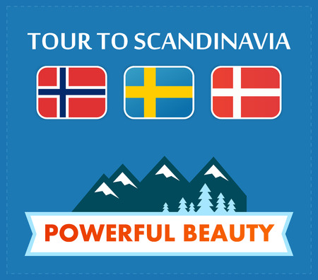 Poster with Flags of Scandinavian Countries and Mountain Landscape. Blue Vector Banner for Travel Company.のイラスト素材