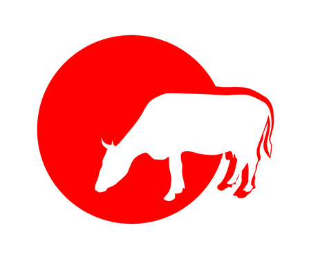 Beef Production Illustration. Cow on Red Round Emblem isolated on white background.のイラスト素材