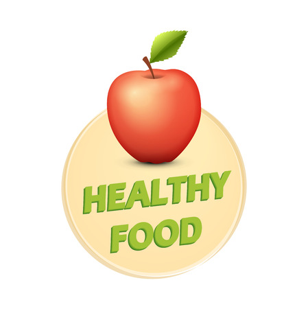 Concept of Poster of Healthy Food with Fresh Fruit. Round Emblem isolated on white background.のイラスト素材