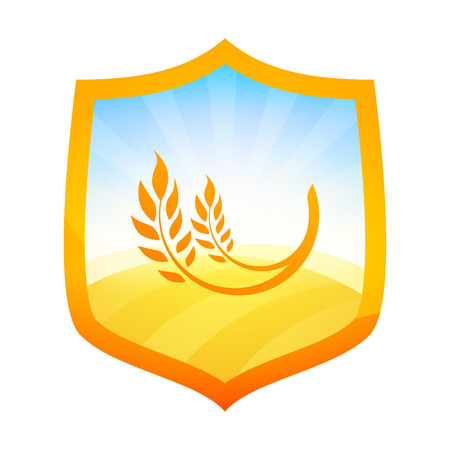 Orange Badge in form of a Shield with Farm Field of Wheat, Vector Illustration isolated on white.のイラスト素材