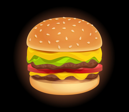 Vector Icon of Colorful Tasty Burger isolated on Black background. Sandwich in cartoon style.のイラスト素材