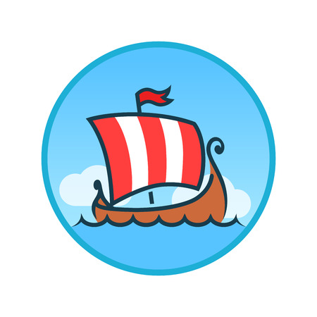 Round Emblem with Drakkar in Nordic Sea. Vector Symbol of Vikings Longboat for Travel Company.のイラスト素材