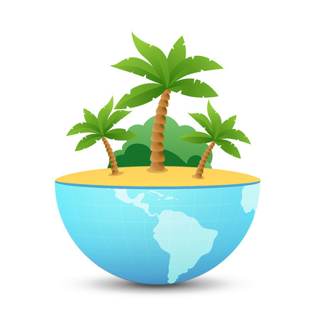 Nature Landscape of Tropical Island in combination with half globe of world. Vector Illustration isolated on white background.のイラスト素材