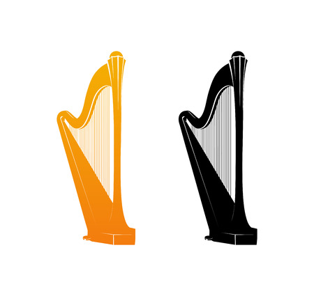 Icons of Celtic Harp in Golden and Black colors - Orchestra Strings Music Instrument in Vertical pose. Vector Illustration isolated on white background.のイラスト素材