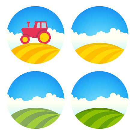 Round Farm Label with Tractor and Green Field of Barley isolated on white, Vector Illustrationのイラスト素材
