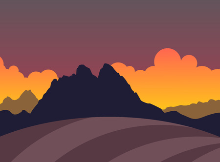 Landscape with Silhouette of Mountains and field in Sunset, Vector Background Illustrationのイラスト素材