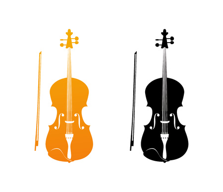 Icons of Fiddle in Golden and Black colors - Orchestra Violin Music Instrument in Vertical Pose, Vector Illustration Isolated on White Backgroundのイラスト素材