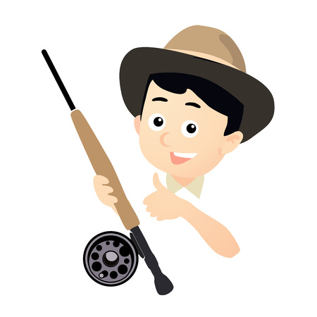 Fisherman with Fly Fishing Rod, Funny Vector Illustration isolated on whiteのイラスト素材