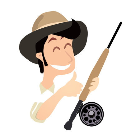 Fisherman with Fly Fishing Rod and thumb up, Funny Vector Illustration isolated on whiteのイラスト素材